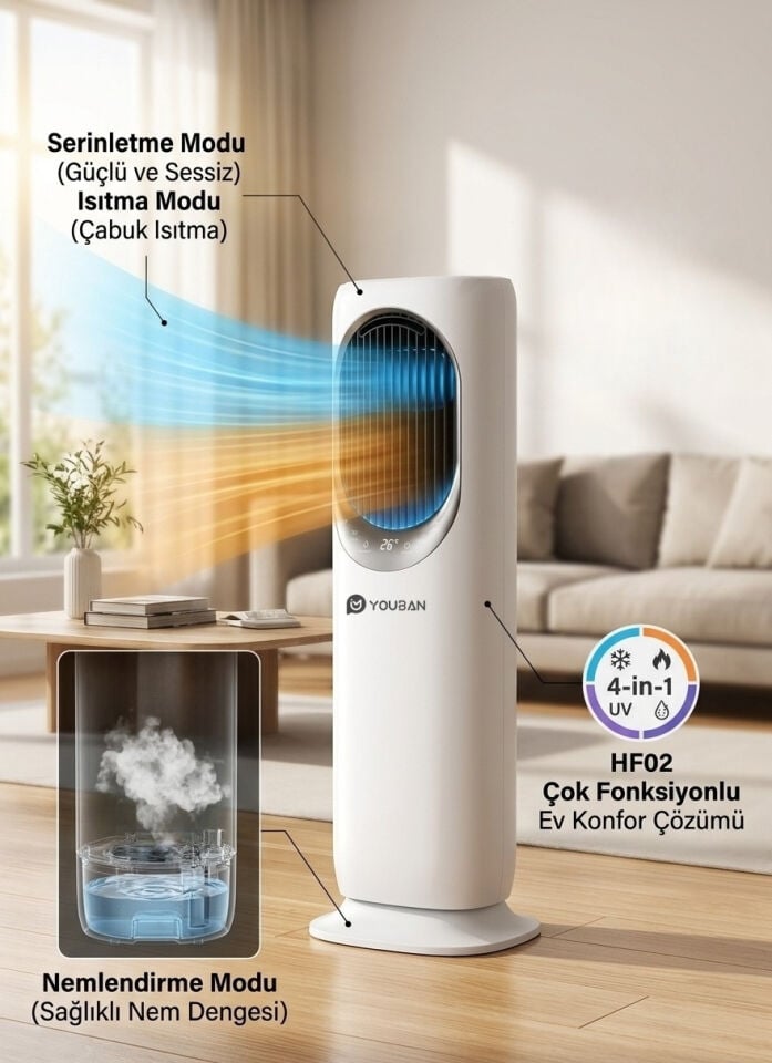 Youban Hf-02 Comfortair Beyaz Hava Isıtıcı Soğutucu Nemlendirici Uv Strelizasyon Kumandalı 4ü1 Arada Ünite İyonizer Özellikli