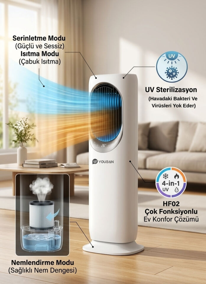 Youban Hf-02 Comfortair Beyaz Hava Isıtıcı Soğutucu Nemlendirici Uv Strelizasyon Kumandalı 4ü1 Arada Ünite İyonizer Özellikli