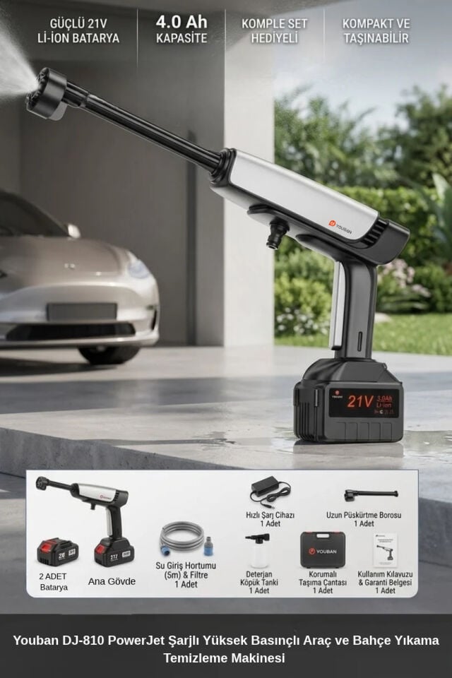 Youban DJ-810 Yüksek Basınçlı Şarjlı Araç ve Bahçe Yıkama Makinesi 30 bar 2 Bataryalı Güçlü Motor
