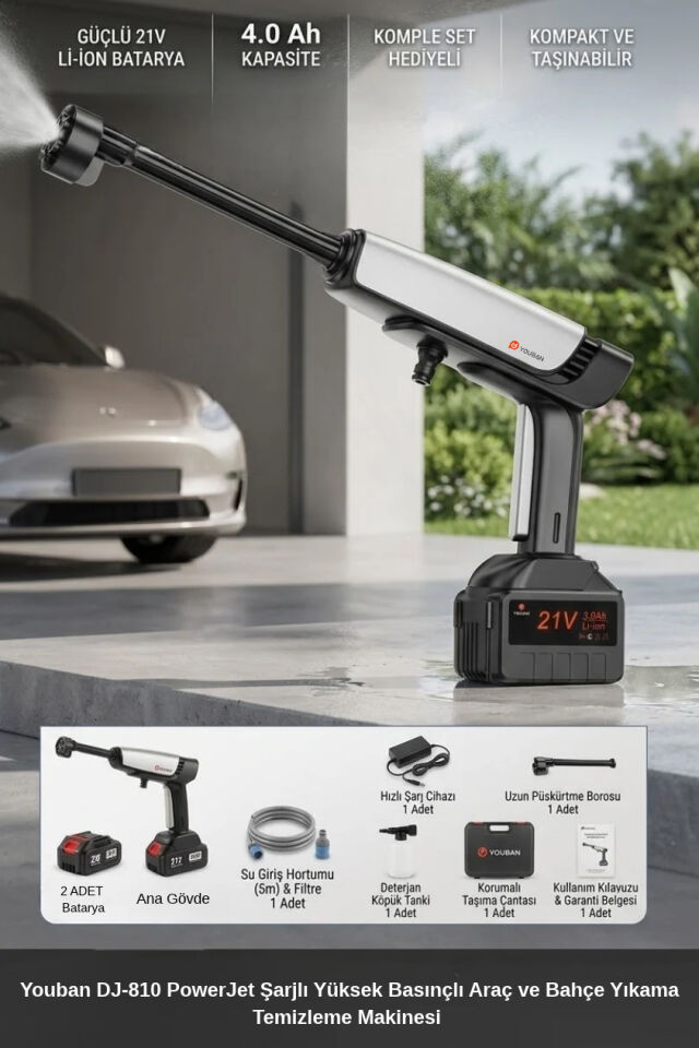 Youban DJ-810 Yüksek Basınçlı Şarjlı Araç ve Bahçe Yıkama Makinesi 30 bar 2 Bataryalı Güçlü Motor